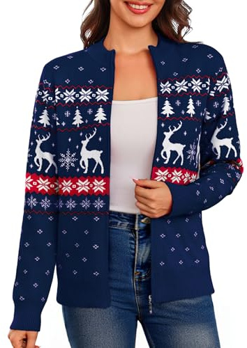 Aottori Cardigan de Noël Zippé Femmes à Manches Longues Veste en Maille Manteau Col Montant Sweat Shirt Côtelé Pull Casual B-Marine M