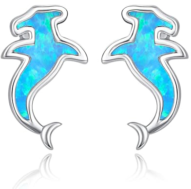 TANGPOET Hammerhai Ohrringe für Damen Frauen Mädchen Silber 925 blauer Opal Hai Ohrstecker Schmuck Geschenke zum Geburtstag Weihnachten Valentinstag Muttertag