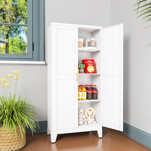 Weißer Metallaufbewahrungsschrank, 120 ㎝ H Stahlküchenspeicherschrank mit 2 Türen und 3 verstellbaren Regalen, vielseitiges Sideboard Buffet Kabinett für Home Office Lagergarage oder im Freien