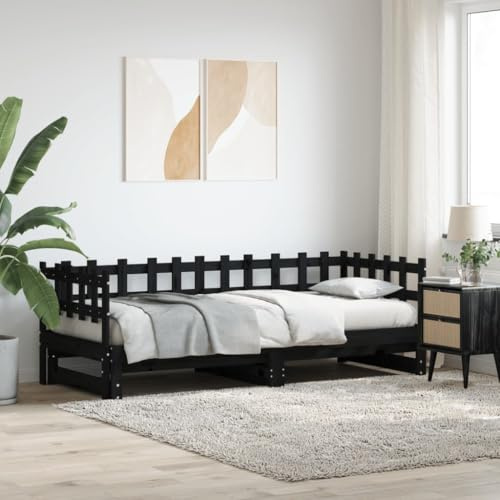 HaoChrymec Tagesbett Ausziehbar Schwarz aus Massivholz Kiefer, Mit Lattenrost, Vielseitig und Platzsparend, schlafsofa, tagesbett, Für Wohnzimmer & Schlafzimmer, 203.5x86x68.5 cm