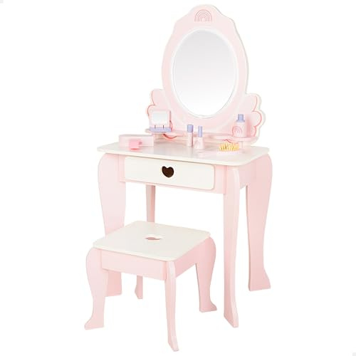 WOOMAX Schminktisch für Mädchen, Hocker aus Holz, Spiegel mit Licht, 48 x 32 x 92 cm, Pastellfarben, inklusive Zubehör, Schminktisch für Kinder, interaktives Zubehör, Spielzeug für Kinder von 3 Jahren