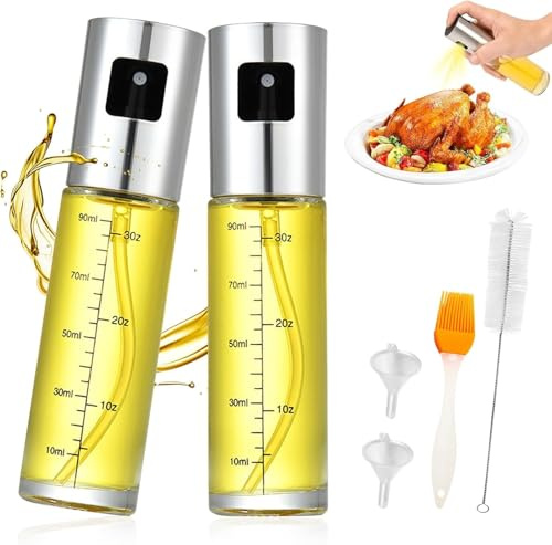Elgin Pulvérisateur d’huile pour cuisine – Bouteille en acier inoxydable avec brosse, entonnoir et brosse de nettoyage, spray fin pour cuisson, salade, airfryer, BBQ, réutilisable et sans BPA (2Pcs)
