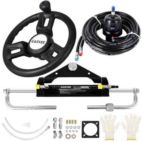 Garvee Kit de direction hydraulique supérieur pour bateau – 150CV, système bidirectionnel, volant inclus 13,5 Pouces, tuyaux nylon 2x26 Pied, aluminium marin