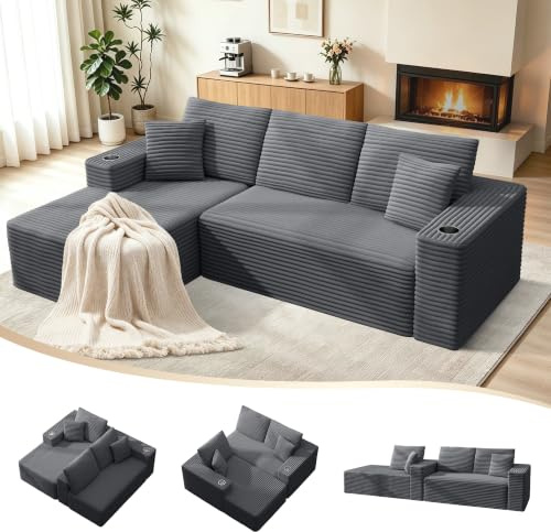 Quantaglide Ecksofa 261cm Modulares Sofa, 3-Sitzer Boneless Cloud Couch L-förmiges Schlafsofa mit Chaiselongue, Couch Sofa für Wohnzimmer Schlafzimmer, Keine Montage Erforderlich, Dunkelgrau