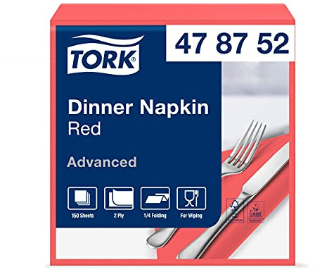 Tork Serviette Dinner coquelicot, pliage 1/4 2 plis, 40 cm x 39 cm, 12 x 150 serviettes, 478752