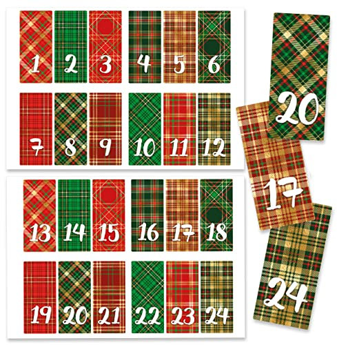 Papierdrachen 24 Adventskalender Zahlenaufkleber - Schottenmuster Nr 66 - Aufkleber 4cm - zum Basteln und Dekorieren deines ganz persönlichen Adventskalenders