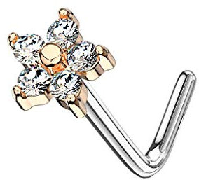 beyoutifulthings Nasen-Piercing Blume ZIRKONIA 4,6mm Nasen-Ring Nasen-Stecker L-Form Chirurgenstahl Roségold Clear Stab-Länge 6mm