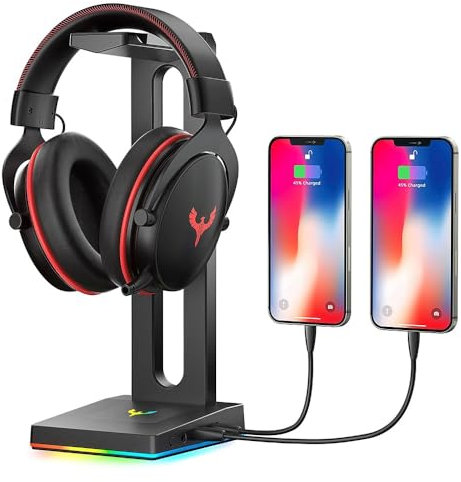 SER FLYMON RGB Gaming Headphone Stand with 3.5mm AUX and 2 USB Ports Durable Headset Stand for Bose, Beats, Sony, Sennheiser, Jabra, JBL, AKG, Fancy Gaming Accessories - HS18