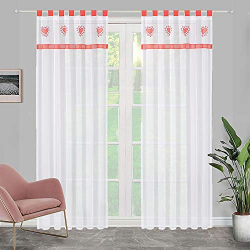 SIMPVALE 2er Set Vorhänge mit Schlaufen - Gardine Voile mit süßem Herz Stickerei - Fensterbehandlung für Schlafzimmer Wohnzimmer Kinderzimmer Balkon, Rot, 140x175cm