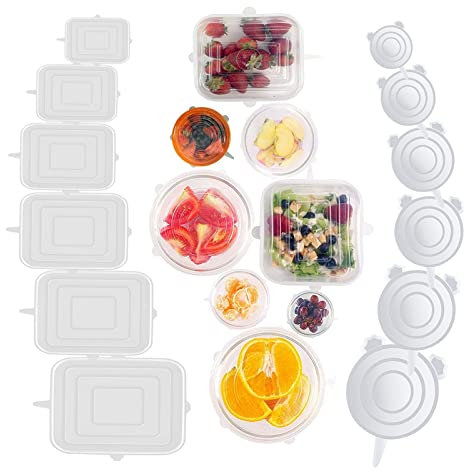RYHX 12 PCS Tapas de Silicona EláSticas, Tapas Silicona Ajustables Cocina Bpa Free Tapas de Silicona Reutilizables Ecológicas Cuadradas y Redondas para Lavavajillas, Refrigerador,Cuencos, Tazas, Vasos