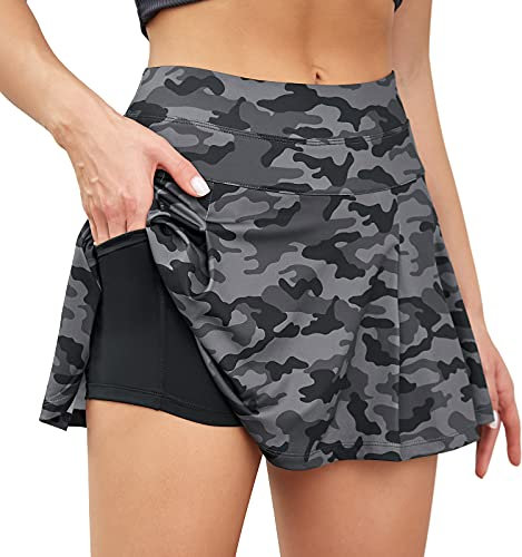 VUTRU Damen Tennisröcke Hohe Taille Tennis Skort mit Taschen Laufröcke Sport Golfrock mit Innenhose Tarnung M