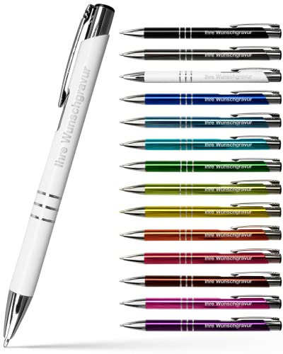#teamludorf 25x Metall-Kugelschreiber mit Wunsch-Gravur - Personalisierte Kulis - Stift mit Namen - 14 Farben & 20 Schriftarten - 25 Stück - Weiß
