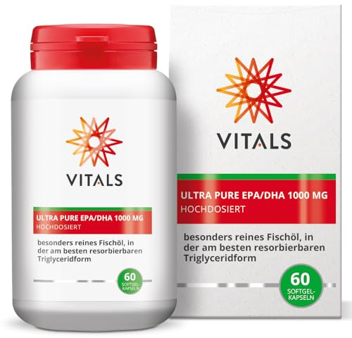 Vitals - Ultra Pure EPA/DHA 1000mg 60 Softgel-Kapseln. Hochdosiert mit 570mg EPA und 430mg DHA pro Softgel-Kapseln. Reines sehr gut resorbierbares Omega 3 ohne unnötige Zusatzstoffe.