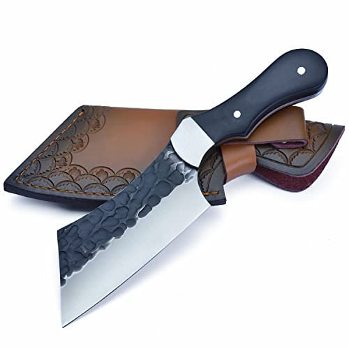 JPCRMOV Spessa Coltello da Caccia, Coltello Sopravvivenza Full Tang con Fodero in Pelle, Annerimento Coltello Bushcraft Lama Fissa in Acciaio 440C con Manico Legno
