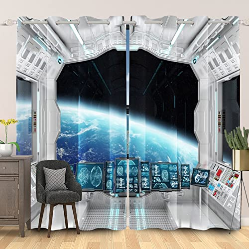 SDOTPMT 117x138cm Raumstation Fenstervorhang Futuristisch Science-Fiction Raumschiff Erde Planet für Junge Mädchen Fenster vorhänge Thermisch isoliert Vorhang für Schlafzimmer, 2 Stücke