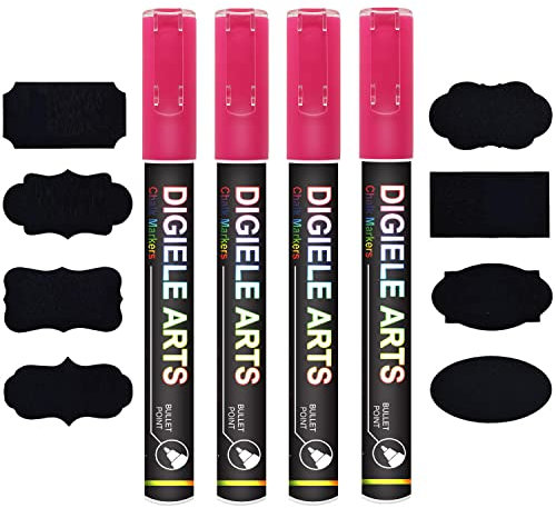 DIGIELE Kreidestift Rosa, 4 Stücke Rosa Kreidestifte 3mm + 16 Tafel Labels, Reversibel Dünne oder Mittlere Spitze, Trocken oder Feucht Abwischbare Flüssigkreide für Whiteboard, Tafel, Fenster & Glas