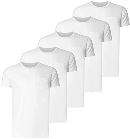 Teesmen Mens Plain T Shirt 5pack Cotton Multipack Crew Neck Tees Work Summer Short Sleeve Breathable T Shirt for Men Pocket White 2XL