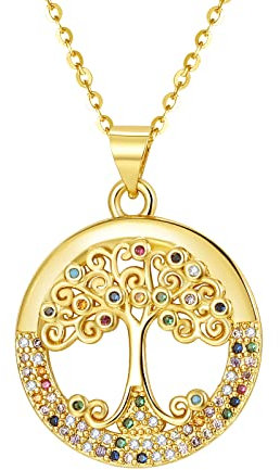 Flongo Collier pour femme avec pendentif arbre de vie - En acier inoxydable doré avec oxyde de zirconium coloré - Pour femme et fille - Cadeau d'anniversaire, Acier inoxydable