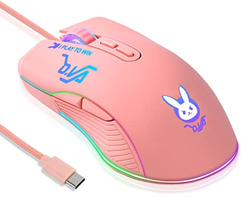 Greshare Gaming Mouse,12 Colors Backlit Optical Game Mice Ergonomic Type-c Wired with 7200 DPI and 7 Buttons for Computer/Win/Mac/Linux/Andriod/iOS. (Pink Type-c)