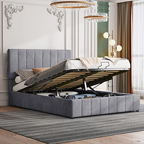 Polsterbett Doppelbett, Stauraumbett Hydraulisch Bett Grau und Kopfteil Verstellbares mit Hubspeicher Bett Schlafzimmer Bettgestell 140X200
