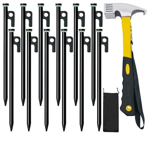 Zelthering mit Hammer, 12 Stück, 30,5 cm, robuste Zeltheringe + 25,4 cm Campinghammer + Aufbewahrungstasche, geschmiedete Stahlpfähle für Camping auf Felsen, Grasland (12 Stück 30,5 cm Zeltheringe und