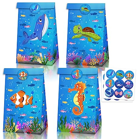 12 Pack Animali marini Party Bags, Blue Ocean Theme Candy Bags, pesce squalo tartaruga cavalluccio marino Goodie Bags per il compleanno dei bambini Baby Shower (Stile 1)