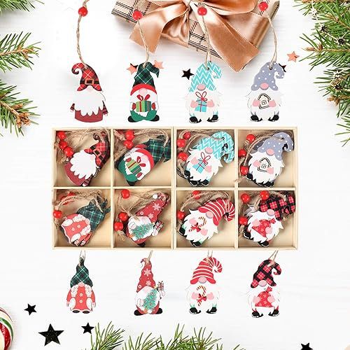 YoniYa 24 Stück Holzanhänger Weihnachten Wichtel Set Christbaumschmuck Weihnachtsanhänger Zwerge Weihnachtsdeko Anhänger aus Holz Weihnachtsmann Deko
