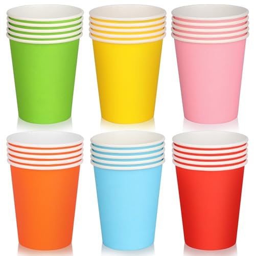 Fowecelt Rainbow Paper Party Cups - 60pcs 9oz Coloured Neon Round Dessert Cups for Birthday Party Supplies