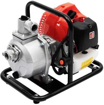 Benzin Wasserpumpe 25,4mm Anschluss (1), 2-Takt 43CC Wasserpumpe mit 20m Förderhöhe, Gartenpumpe Schmutzwasserpumpe 1250W Benzin Pumpe