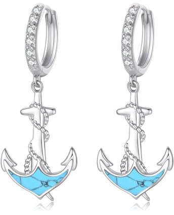 MEDWISE Anker Ohrringe 925 Sterling Silber Creolen Mit Türkis Tropfen Anhänger - Schmuck für Damen, Frauen, Mädchen, Freundin, Kinder - Geburtsstein Geschenke Weihnachten
