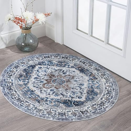 KOZYFLY Waschbarer, runder Teppich, 91 cm, Boho-Stil, kleiner Eingangsteppich, rutschfeste Gummi-Rückseite, Kreisteppich, 90 x 90 cm, Kunstwolle, getuftet, bedruckt, runder Teppich für