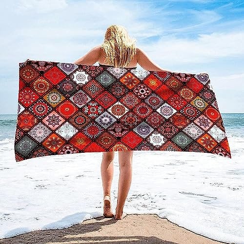 Mikrofaser Strandtuch Saunatuch Handtücher, XXL 200 X 200 cm Schnell Trockener Sandfreies Badehandtuch Für Erwachsene, Tragbares Reisetuch Für Fitness, Yoga, Saun, Rotes Retro-Plaid -8F9I
