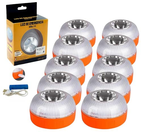 MAGIC SELECT 10X Luz de Emergencia V16 para Señalización en Carretera de Coche y Moto. Luz Amarilla Intermitente y Blanca Fija con Encendido Automático, Base Imantada y Batería Recargable.