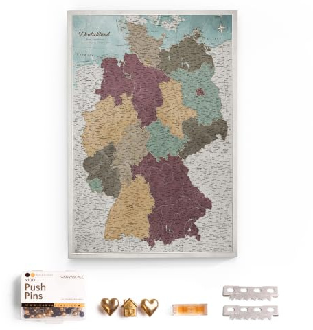 CANVASCALE Canvas Deutschlandkarte mit Pinnwand Kork zum Pinnen der Reiseziele - Wanddeko für Jeden Raum - Hochwertige Leinwand Bilder mit Deutschlandkarte (90x60 cm, Muster 11)