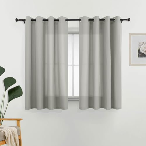 L.Z.E Gardinen Vorhänge Grau, Sichtschutz Lichtdurchlässige Gardine Vorhang für Schlafzimmer Wohnzimmer Privatsphäre, Dünne Baumwolloptik Stores mit Ösen, 145 cm Kurz, Blickdicht Einfarbig Hellgrau