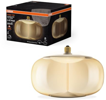 Osram Vintage 1906 Big Elipse ist eine dimmbare LED-Lampe aus Kunststoff mit Filament in Ellipsenform. Sie bietet 12 W für 500 lm, E27 Fassung, Bernstein Design, 300 mm Durchmesser, CRI 80, 1800 K.