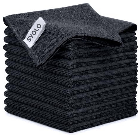 SYOLO Microfibre Cleaning Cloth Pack of 12 – 32x32cm, Reusable Kitchen Microfibre Cloths Towel, Super Soft Lint Free Washable Duster Dish Cloth for Home, Windows, Car, Motorbike, Black