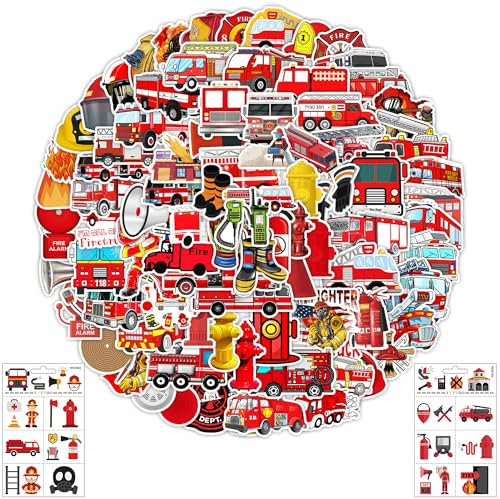 Feuerwehr Aufkleber Feuerwehrauto Sticker - 102 Stück Fire Truck Deko für Auto Wasserflasche Laptop Skateboard Fahrrad Koffer Scrapbook, Feuerwehrauto Geburtstag Geschenk für Erwachsene Kinder