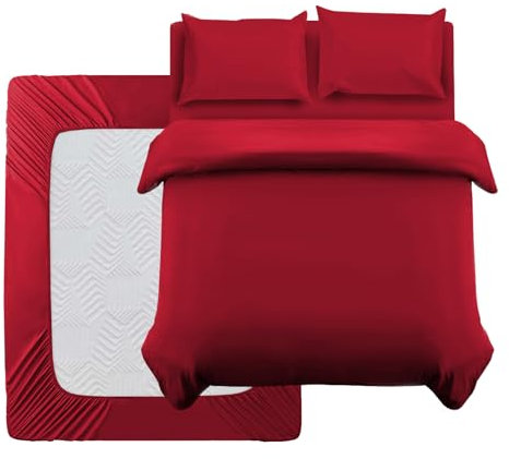 Oxford Homeware Double Duvet Set Burgundy Brushed Microfiber 4 Piece Double Bedding Set with Fitted Sheet and Pillowcases Soft Breathable Duvet Cover Sets