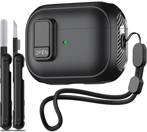 [Security Lock] Inesore Case Compatible with Airpods Pro 2nd Generation, Carbon Fiber Design Protection Case for AirPods Pro 2 with Wrist Strap, Low Profile Design Comes with Cleaning Pen, Black