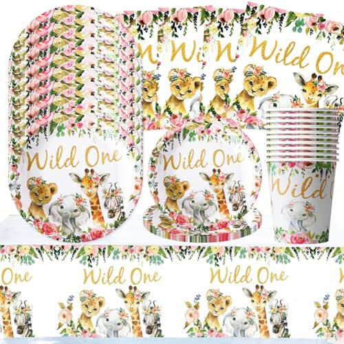 BZQCPLX Wild Party Tableware Set, Jungle Safari Party Tableware Set for Kids, Wild Animals Party Decorations, Jungle Animal Theme Party - Plates Paper Cups Tissues Tablecloths for 10 Guests