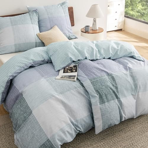 BEDSURE Bettwäsche 135x200 4teilig Bettbezug - Bettwäsche-Sets 135 x 200 cm 2er Set mit 2 Kissenbezüge 80x80cm, ÖKO-TEX Wendebettwäsche Bedding Blau Plaid Kariert Muster mit Reißverschluss