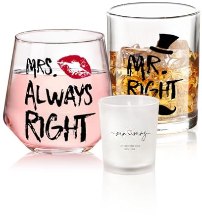 Yalucky Regalos de Boda, Regalos de Compromiso, Regalos Divertidos Para Parejas, Mr.Right and Mrs.Always Right, Copas de Vino, Regalos Aniversario de Boda, Regalos de Boda Para Novios, Regalos de San