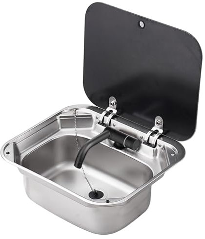 Wohnwagen-RV-Spüle, Edelstahl-Bootsspüle Einklappbares Handwaschbecken Einzelbecken Küchenbar-Spülbecken Mit Gefaltetem Wasserhahn, Deckel Aus Gehärtetem Glas, Outdoor-Wohnmobil-Anhänger-Zubehör