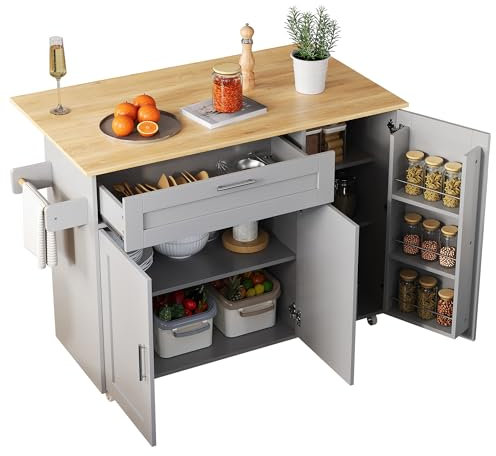 DRIXNO Mobiler Küchentisch, Arbeitsplatte Klappbar, Eiche Maserung, multifunktionaler Schrank, Gewürzregal, Handtuchhalter, 5 Rollen, Grau Geeignet für Küche/Essen/Haus