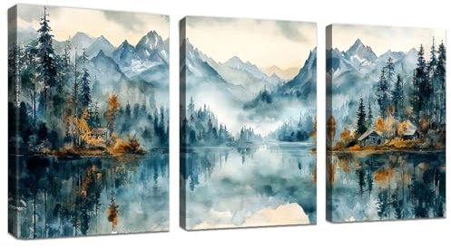 WENGTIAO 3 Pièces Aquarelle Montagne Lac Tableau Decoration Murale Encadré Toile Peinture Nature Forêt Arbre Brumeux Montagne Decoration Murale Salon Maison Deco Chambre Prêt à Accrocher 40x60cm x3