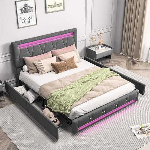 Polsterbett 160x200 cm mit 4 Schubladen, Doppelbett mit Stauraum, Funktionsbett mit LED und Verstellbares Kopfteil, Jugendbett Stauraumbett Bettgestell mit Holz Lattenrost, Leinen, Grau, Ohne Matratze