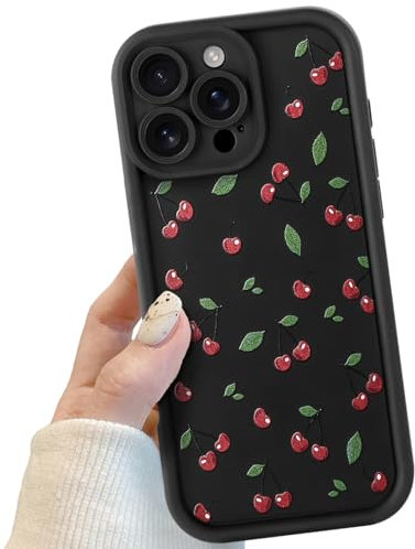 Potok Black Cute Cherry iPhone 16 Pro Max Case, Slim Fit, Soft TPU Plastic, Red Cherry Pattern, Shockproof Bumper, Anti-Slip Grip