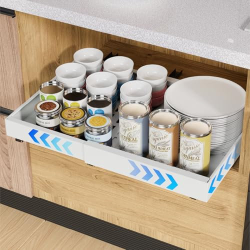 iHomara 1 Pack erweiterbarer ausziehbarer Schrankorganisator mit Klebefläche, 42 cm tiefe Schubladen für Küchenunterschränke, verstellbare Breite 32 cm-53 cm(Weiß)