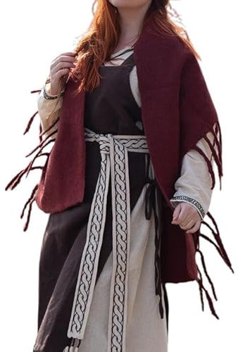 Leonardo Carbone® Damen Umhang Wollfilzstola Ruth | Filigrane Fransen | Wikinger Inspiration | Karneval, Halloween, Cosplay, LARP, Cape, Stola, Mittelalter, Wikinger | 100% Wolle Rot Einheitsgröße